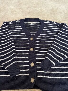 LOFT Navy and White Striped Button-Up Cardigan